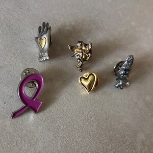 Assorted set of metal pins heart, breast cancer ribbon, troll, angel, hand